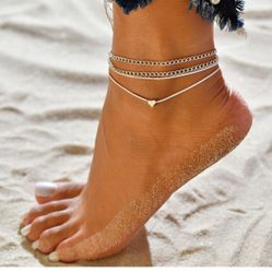 Silver Heart Layered Anklet