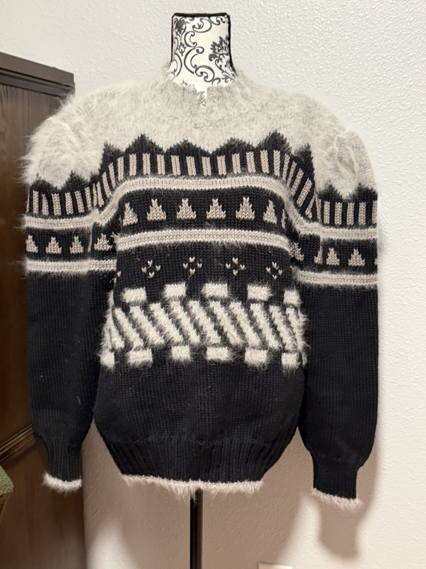 Vintage 80's Top Notch Chunky Knit Wool Sweater Angora Trim Mock Neck Retro USA L