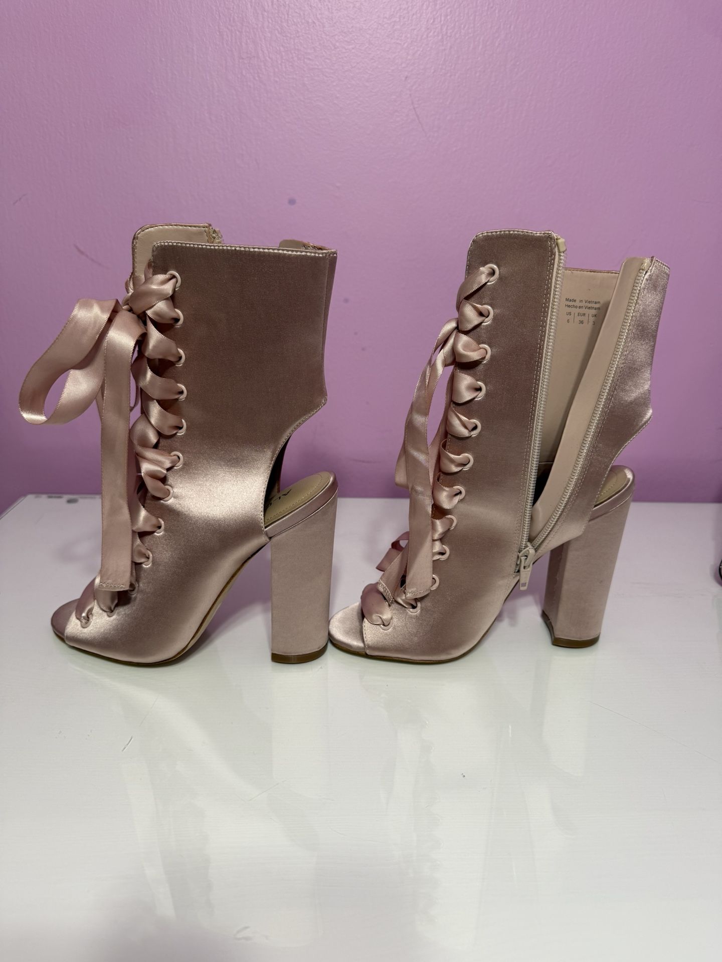 Pink Satin Lace-Up Heels