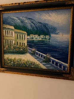 Framed Oil Painting Mediterranean Coastal Scene