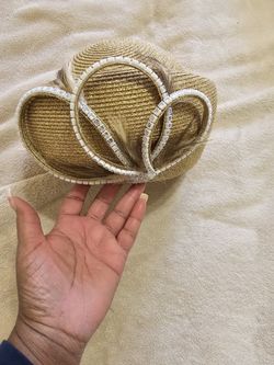 Gold Straw Church Hat With Rhinestone Detail
