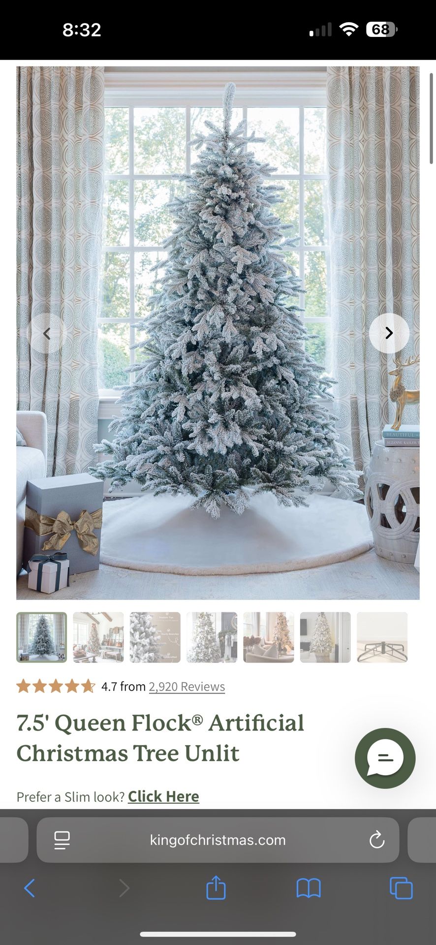 7.5' Queen Flock Artificial Christmas Tree Unlit King of Christmas