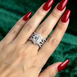 High Carbon CZ Emerald Cut Halo Criss Cross Ring 14K White Gold Plated Size 7