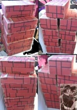 RARE* LOT OF 9 VINTAGE RED BRICKS CHRISTMAS DECORATIONS FIREPLACE CARDBOARD