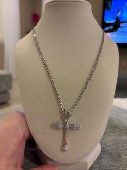 Silver Cross Pendant Necklace with CZ Stones