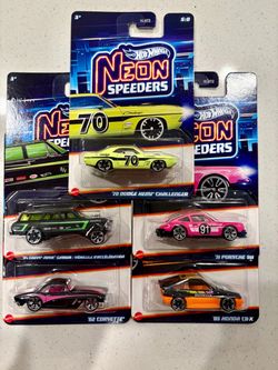 2025 HOT WHEELS Silver Series NEON SPEEDERS Honda, Porsche, Corvette, Chevy Nova, Dodge Challenger LOT OF 5