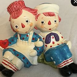 Adorably 1970s Vintage Ceramic Raggedy Ann & Andy seated , Piggy Bank’ featuring Old Style Romantic
