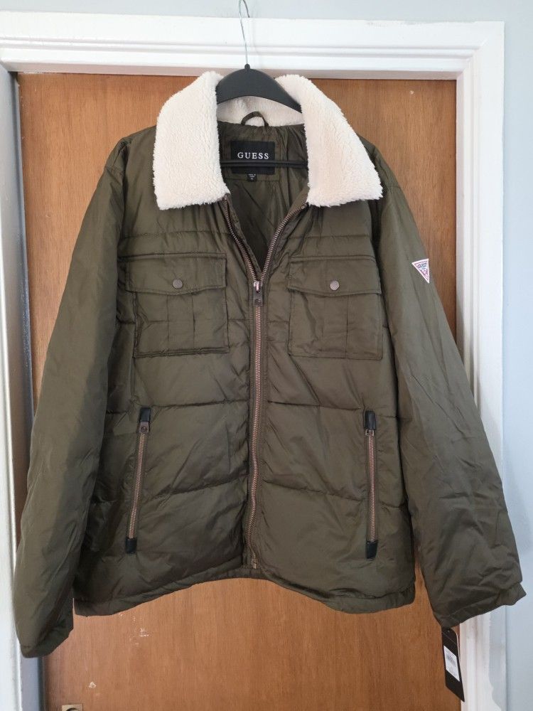 Men's Guess Jacket XL Green Army Sherpa New