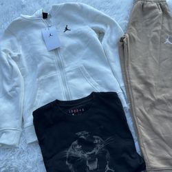 Kids Jordan White Jacket and Tan Pants with Black Tee size 7