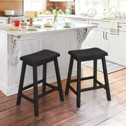 Bar Stools Set of 2, 24" Wood Saddle Seat Bar Stools, Backless Count Height Barstools for Kitchen Island, Black