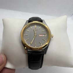 🌑🌕Rare Handsome Unique Gold-Silver Seiko Men's Watch Day/Date Calfskin🌕🌑