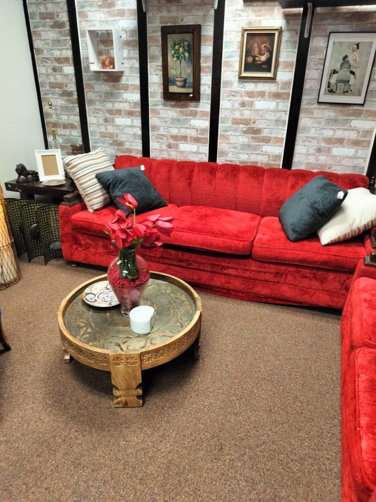 Antique rare Red Velvet Couch & Loveseat Set