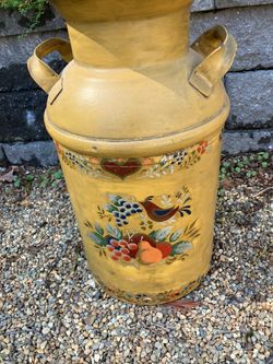 Vintg Yellow Metal Milk Can Fruit & Bird Design Country Style Decor, stenciled