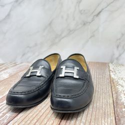 Hermes BLACK H Logo Loafers Women Unisex Authentic