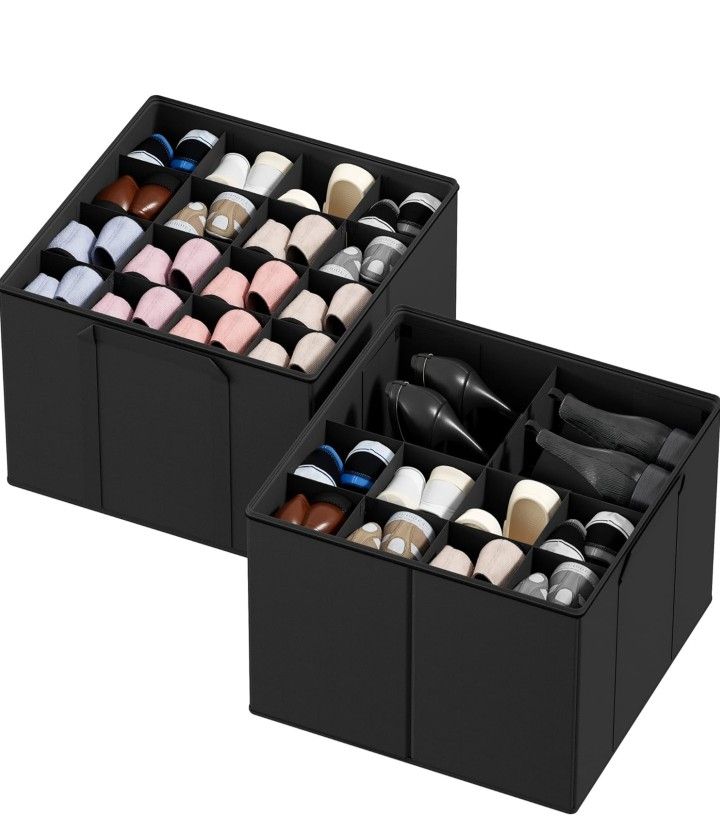 SpaceAid Shoe Organizer for Closet, 2 Pack Foldable Shoe Storage Containers Baskets Boxes Bins w/Adjustable Dividers, Fits 16-32 Pairs, Black