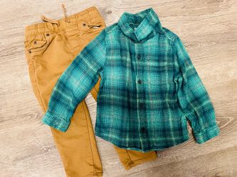 Toddler’s Green Plaid Shirt and Brown Pants