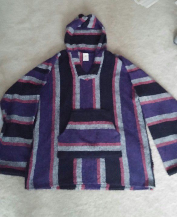 80's Men's Mexican Baja Surfer/Skater Hooded Pullover Poncho/Size: XL 