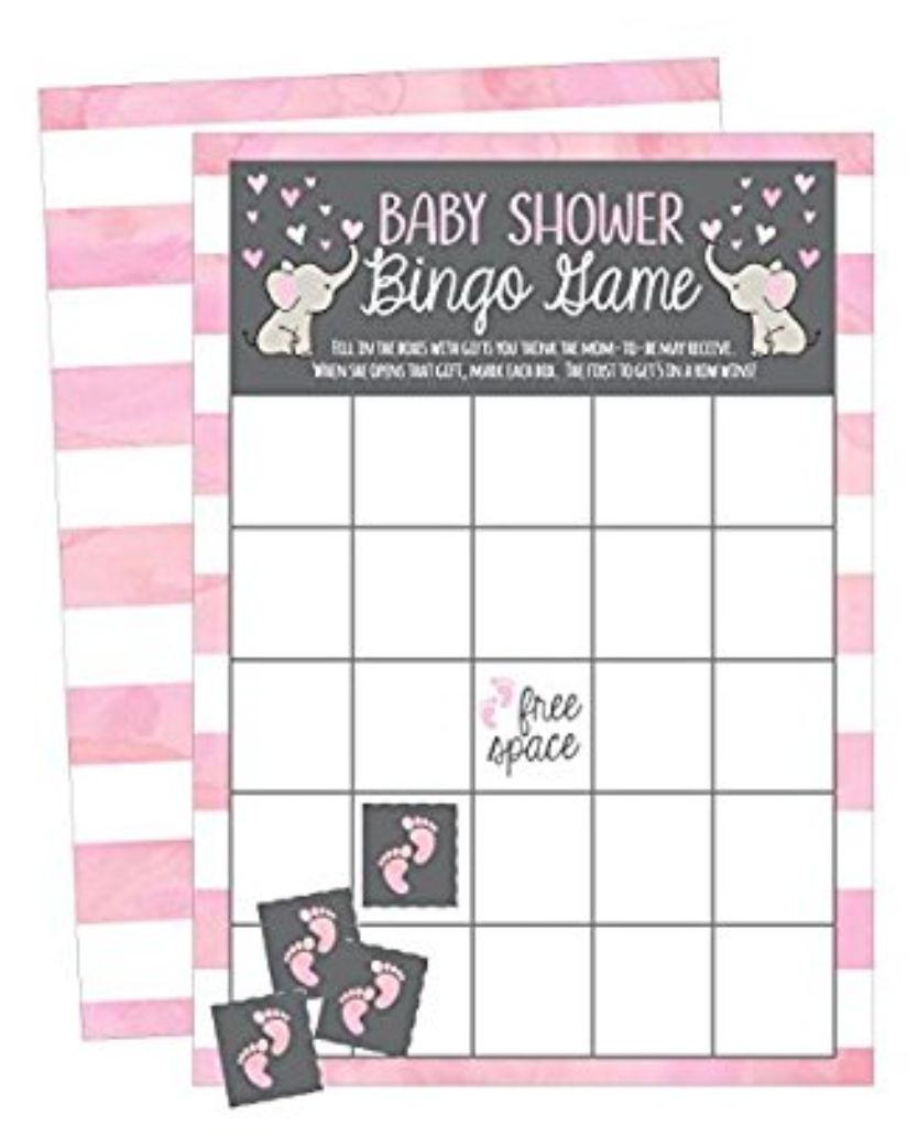 NEW! 25 Pink Elephant Bingo Game Cards For Girl Baby Shower, Bulk Blank Bingo Squares, PLUS 25 Pack of Baby Feet Game Chips, Funny Baby Party