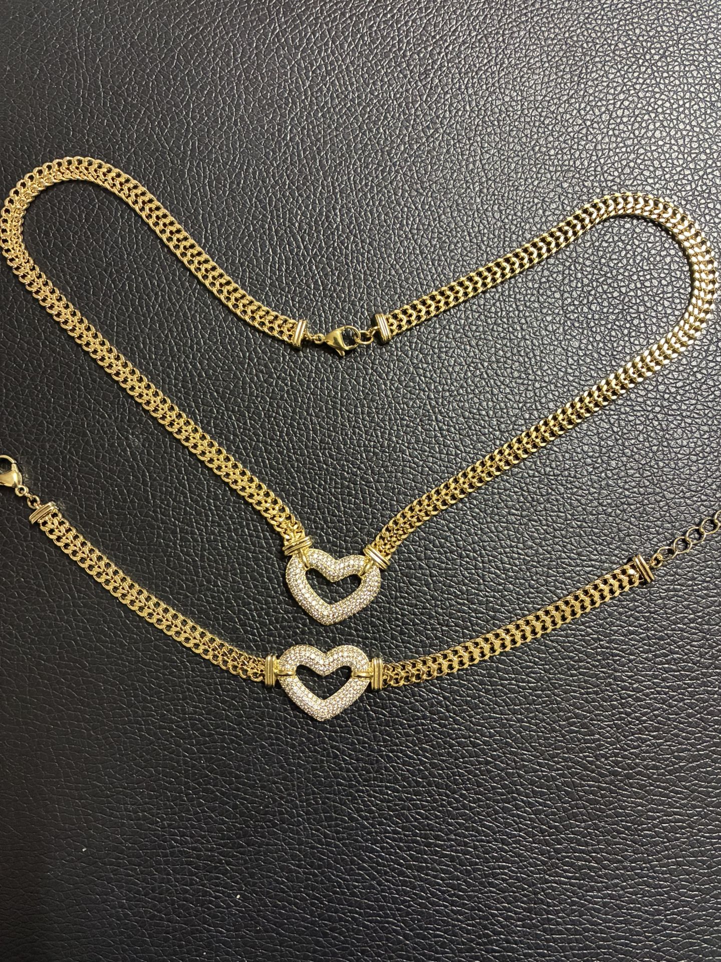 Gold plated heart chain with bracelet set.