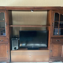 Wood Entertainment Center With Glass Shelves & Lighting