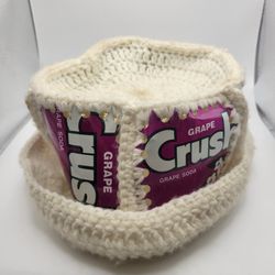 Vintage 1970s Handmade Crocheted Grape Crush Can Bucket Hat Cream Yarn Hippie