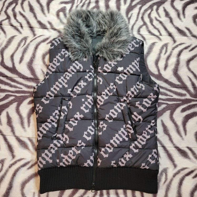 Women's FOX down puffer vest faux fur scarf size XL black with text