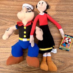 Popeye the Sailor Man Plush Toy 13” & Olive Oil Bendable Plush Toy 15”. Set of 2. Vintage New! 