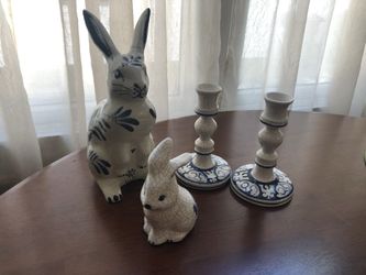 Dedham Pottery Blue/White Rabbit Crackle Pattern - Pair 6” Candlesticks , 9.5” Rabbit Figurine Repaired clean break to 1 ear (see Pic), Bunny like new