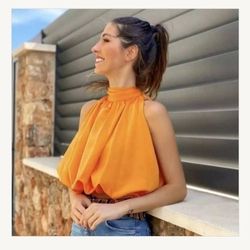 Sexy Blouses Orange Crop  Halter Top Sleeveless 