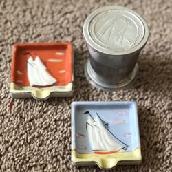 Vintage Nautical Aluminum Collapsible Cup and 2 Ceramic Ashtrays