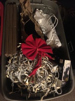 Large Christmas bin. Outdoor lights. Netting ornament organizers etc