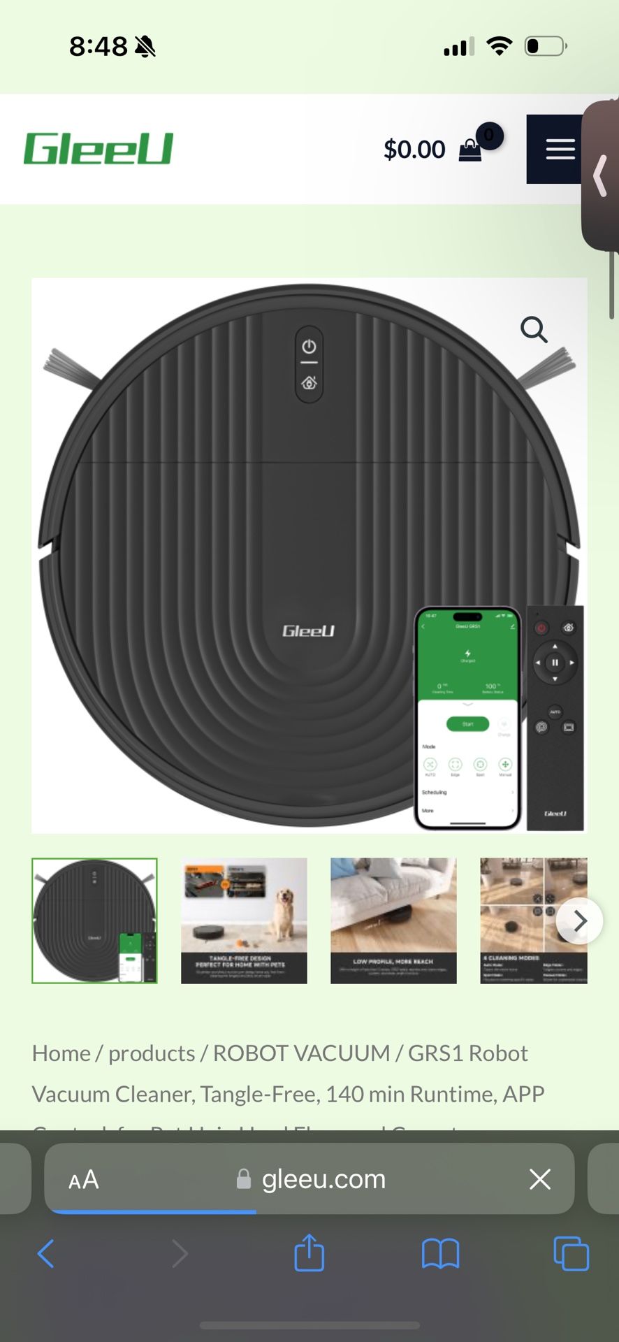 GRS1 Robot Vacuum Cleaner, Tangle-Free, 140 min Runtime, APP Control, for Pet Hair, Hard Floor and Carpet