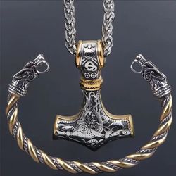 Nordic Viking Wolf Head Thor's Hammer Men Women Mjolnir 2-Tone Necklace & Bracelet Set