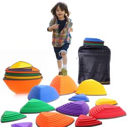 Stepping Stones for Kids 11pcs Obstacle Courses Play Indoor Outdoor, Full Rubber Rim Plastic Hilltop for Kids Balance and Integration Improvement Age 