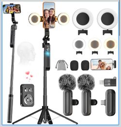 71" Auto Face Tracking Tripod for iPhone with 2 Lights, 2 Mics & Remote Auto 360° Rotation, Solidest Extendable Cell Phone Stand, No App, Vlogging Kit
