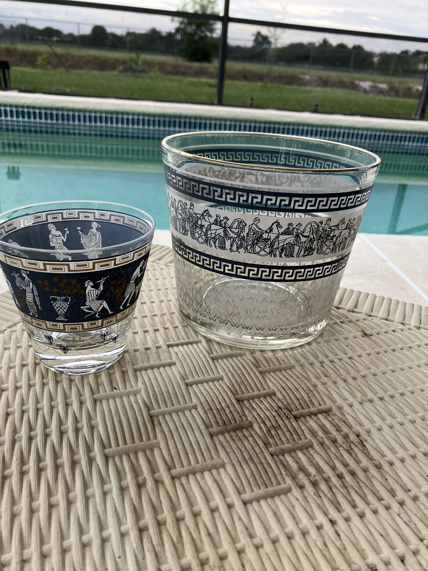 Vintage 1950s Jeanette Glass Ice Bucket Set, Wedgwood Blue and White Chariot Design