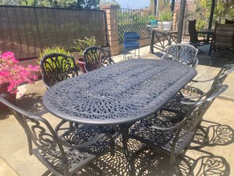 7 Piece Cast Aluminum Patio Set - 84” Patio Table & 6 Swivel & Rock Patio Chairs