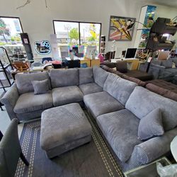 New Beautiful Comfortable Gray Corduroy Sectional Couch 🛋 Sofa Set Special With Ottoman Come Visit Our Store In Paramount 