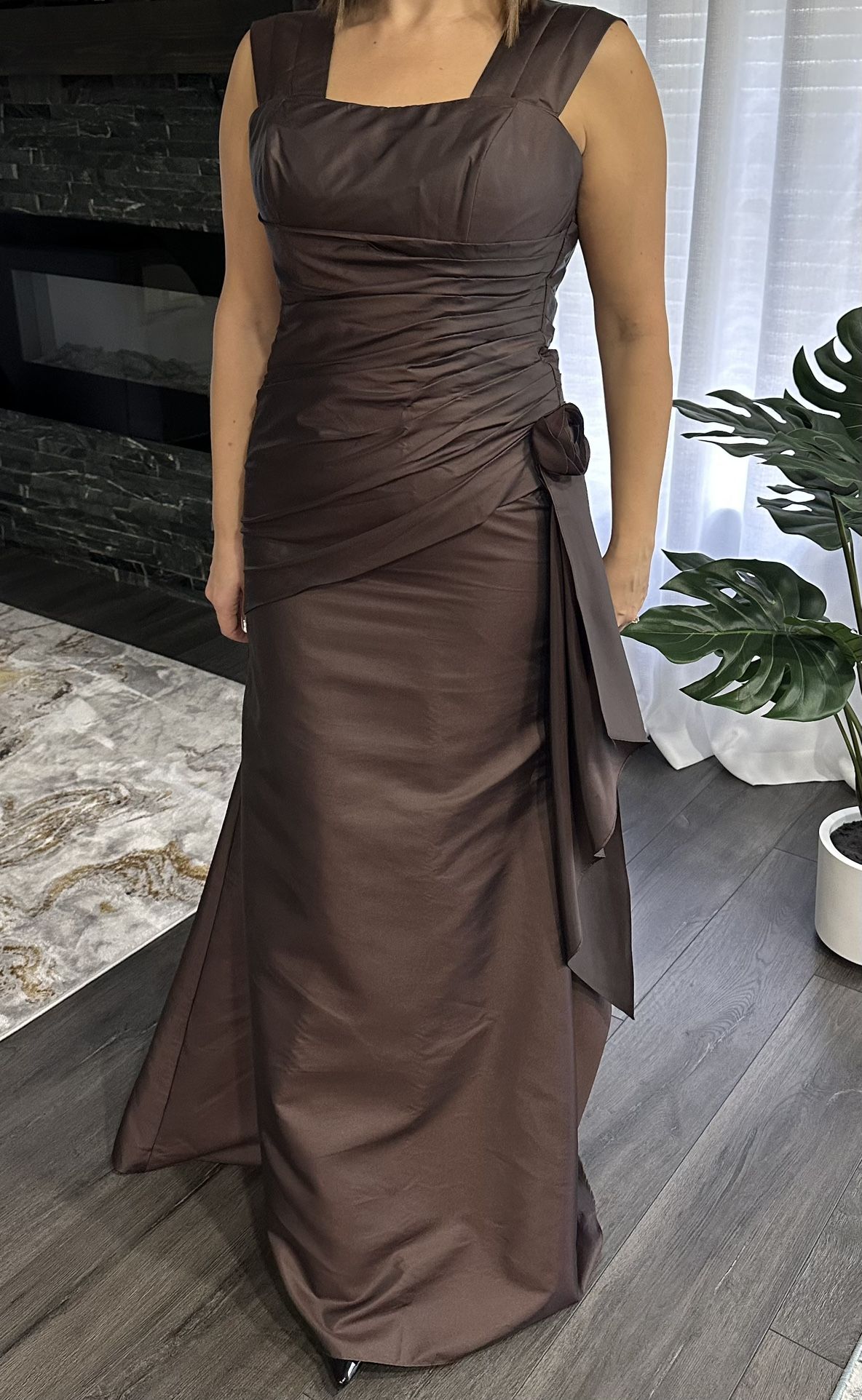 Silk Taffeta Chocolate Bridesmaid Prom Dress With Sleeves