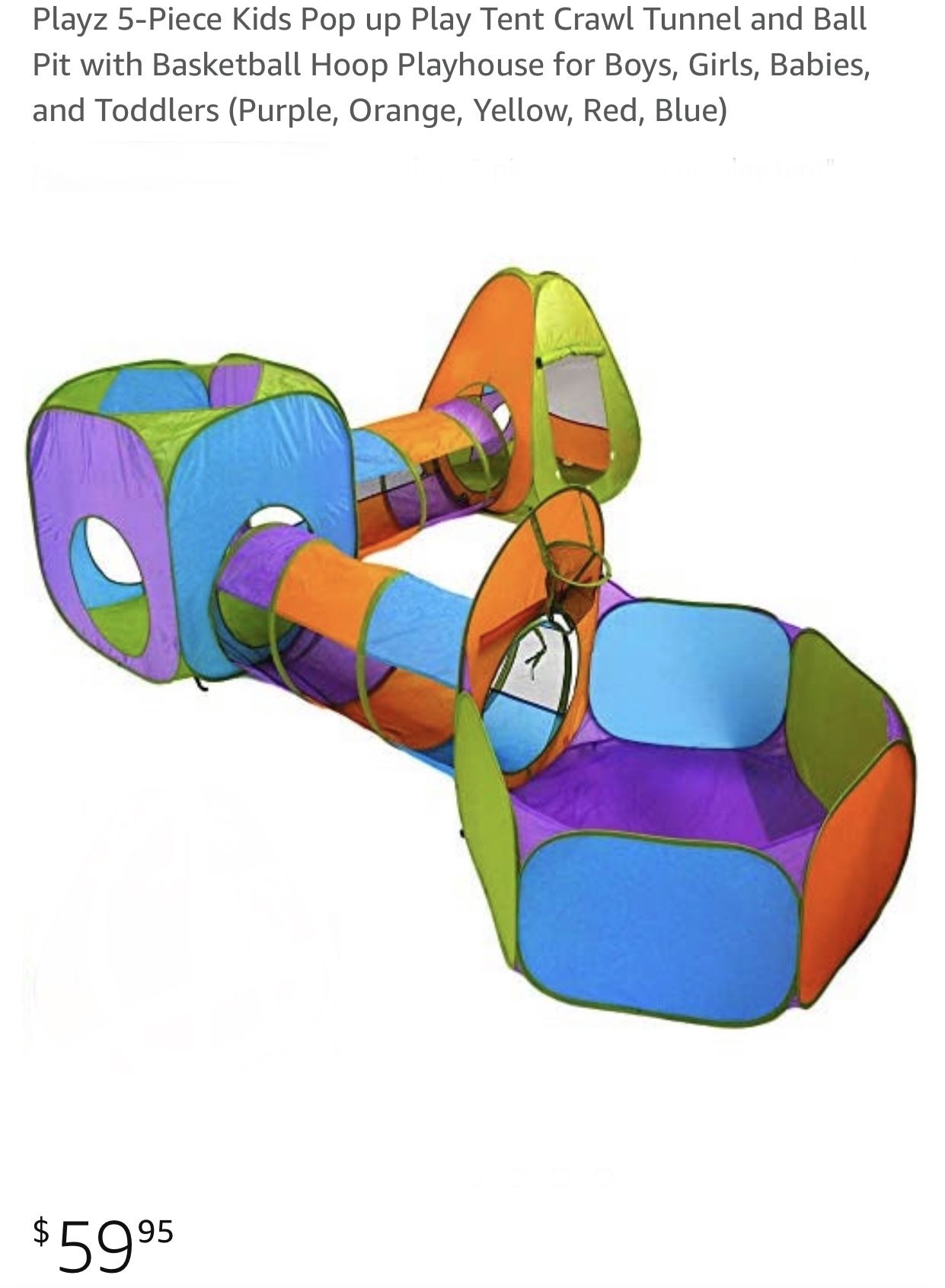 Playz 5-Piece Kids Pop up Play Tent Crawl Tunnel and Ball Pit with Basketball Hoop Playhouse for Boys, Girls, Babies, and Toddlers (Purple, Orange, Ye