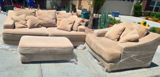 Beige Microfiber Sofa, Loveseat, and Ottoman Set