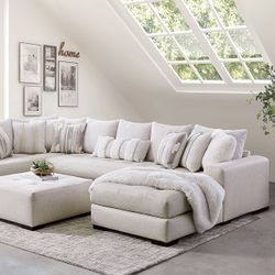 Brand New Ivory Leatherette Large Sectional Sofa With Ottoman 