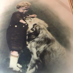 Vintage framed print of child with dog / Golden retriever