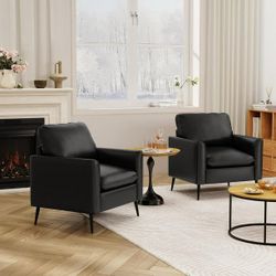 Modern Faux Leather Accent Chair Comfy Single Sofa Chair for Living Room Bedroom Office Black, 2PCS