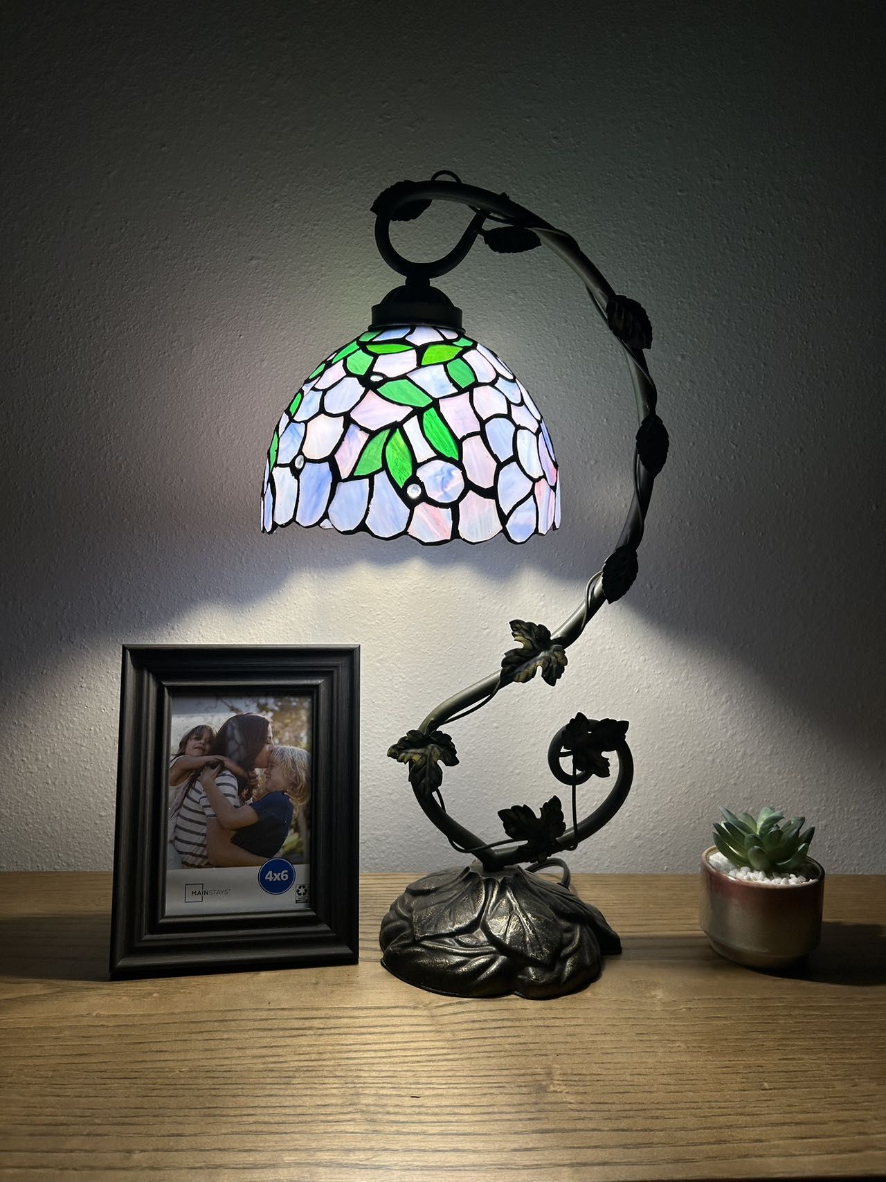 Tiffany Style Table Lamp Purple Stained Glass Green Leaves 11