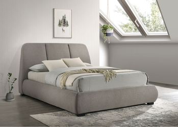 QUEEN UPHOLSTERED PLATFORM BED TAUPE (CO) $399  DELIVER AVAILABLE