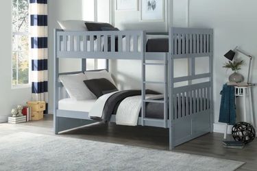 New Gray Finish Full Over Full Wood Bunk Bed with 2 Drawers