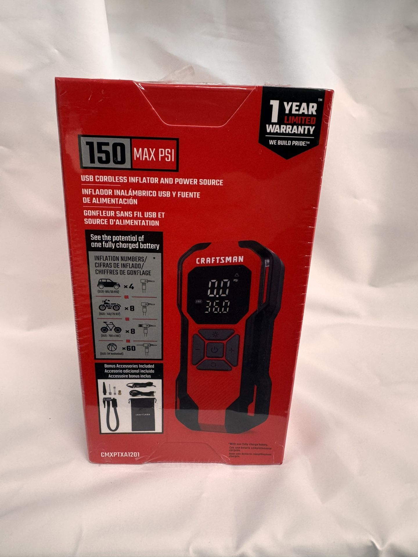 New Craftsman USB Cordless Inflator and Power Source 150 Max PSI