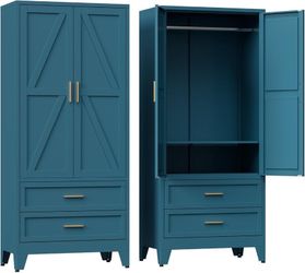 M446-Armoire Wardrobe Closet with Drawers & Hanging Rod, 71'' Metal Wardrobe Closet with Doors & Adjustable Shelf, Farmhouse Wardrobe Cabinet for Bedr
