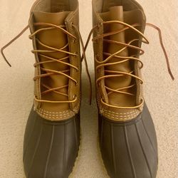 LL Bean Duck Snow Rain Mud Winter Boots 8” Calf Waterproof Tan Leather Brown Gum Size Sz Men 9 Fits 9.5 10 Excellent Like New 